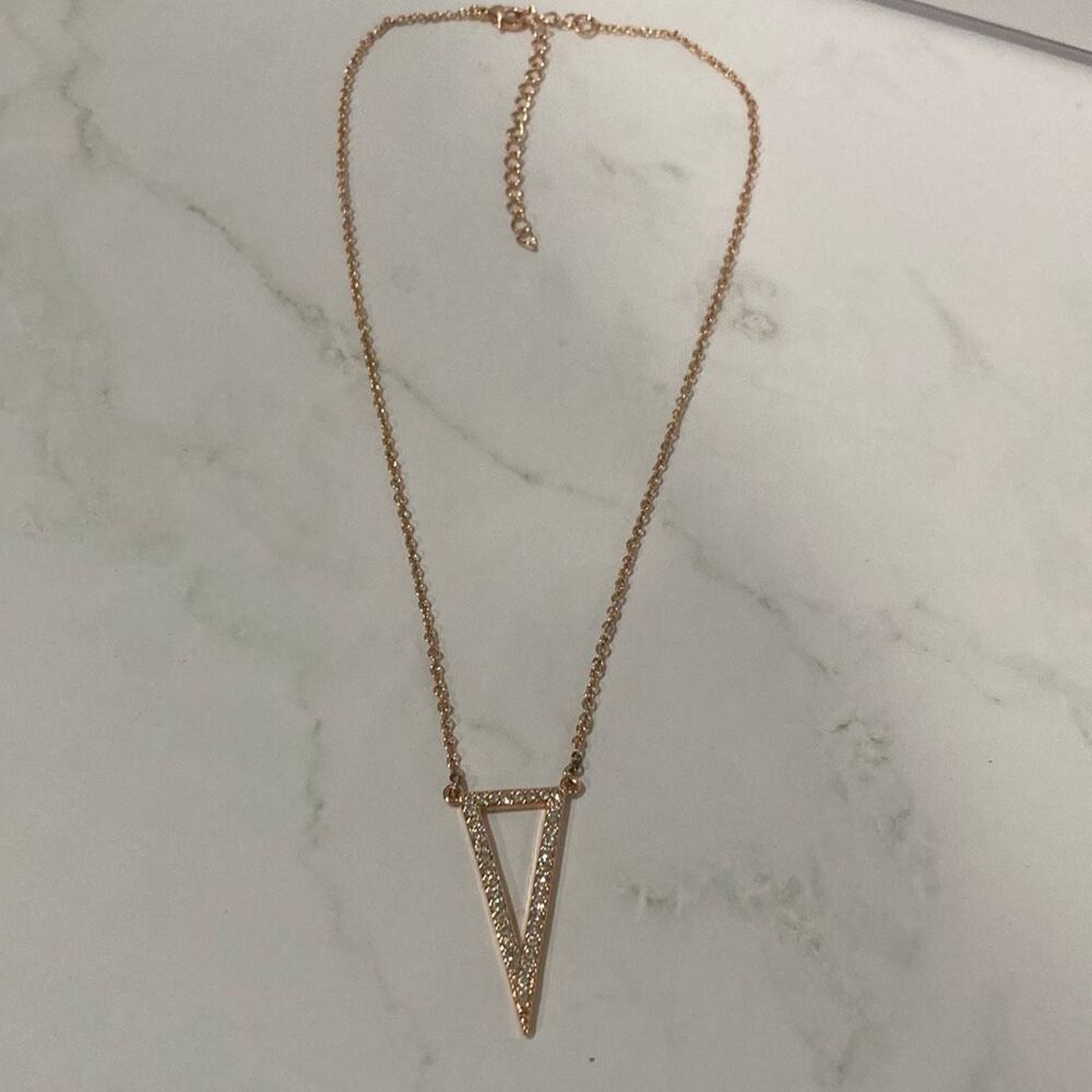 Rose Gold Tone Rhinestone Triangle Pendant Necklace Adjustable 15-18" - Picture 1 of 4